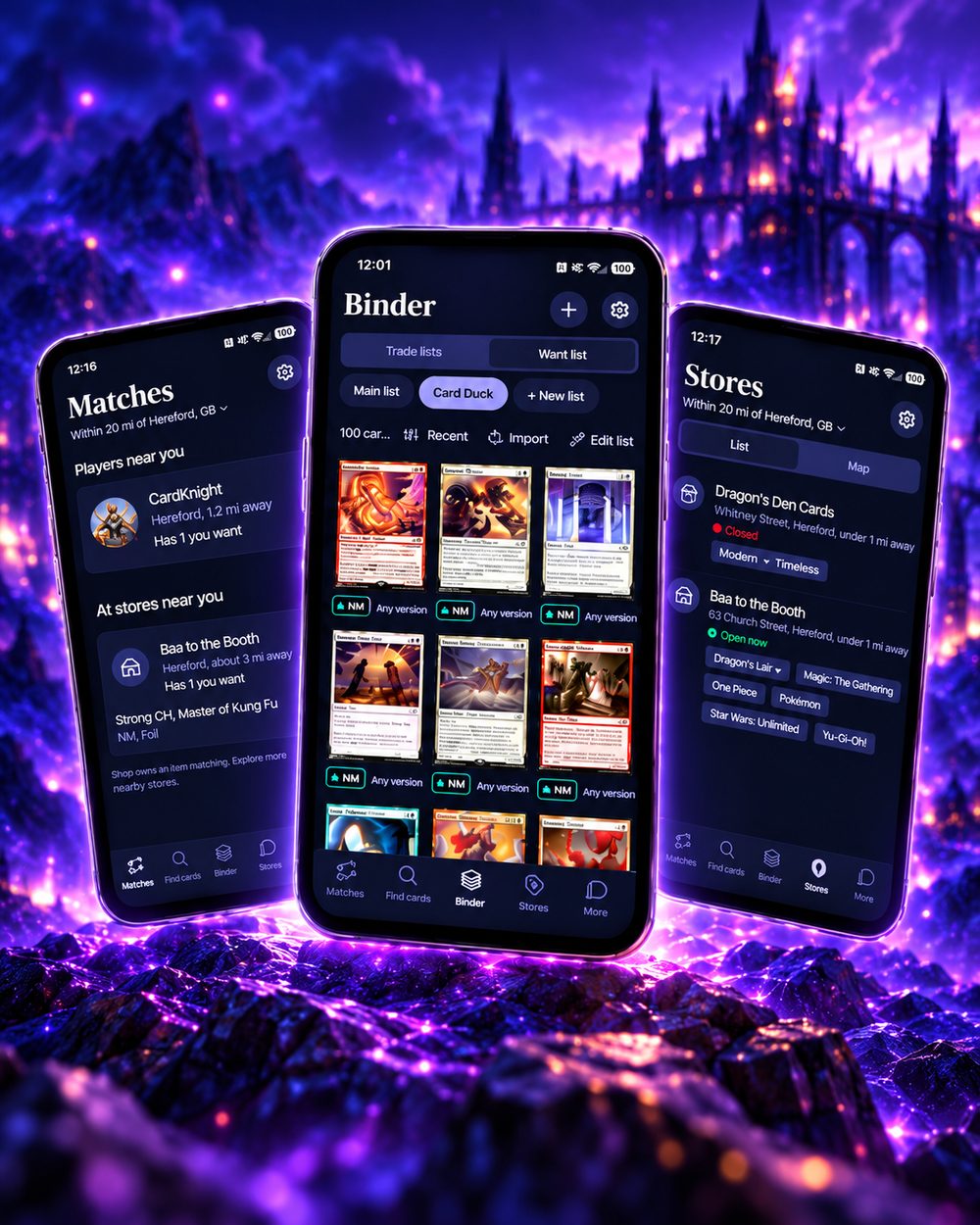 The Binder Bounty app on three phones, showing nearby matches, a binder of cards and a list of local game stores